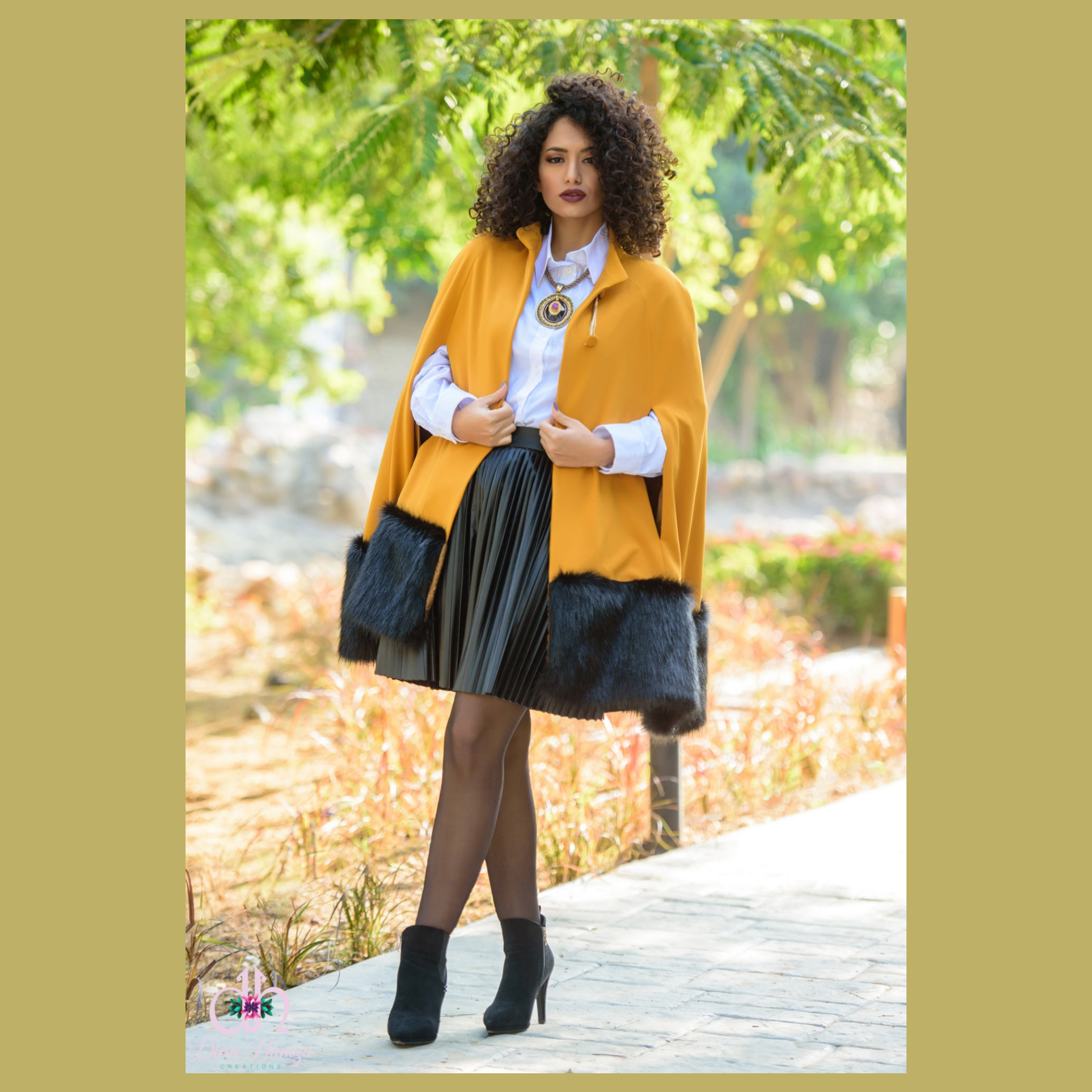 Cape Coat with Oversized Faux-Fur Hem