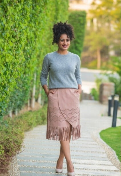 Laser-Cut Suede Skirt with Fringe