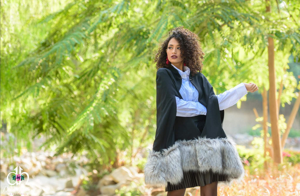Cape Coat with Oversized Faux-Fur Hem