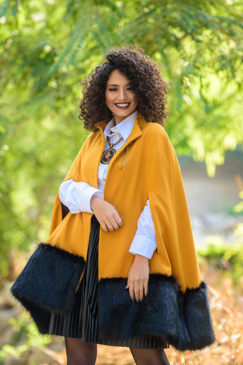 Cape Coat with Oversized Faux-Fur Hem