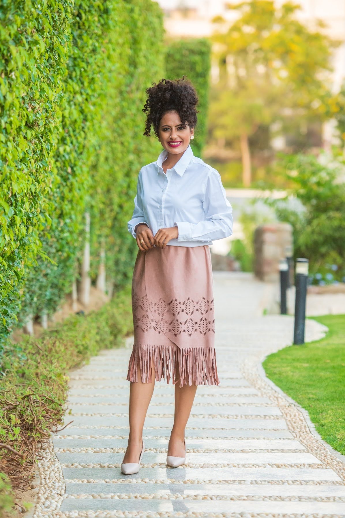 Laser-Cut Suede Skirt with Fringe