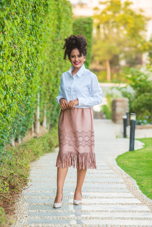 Laser-Cut Suede Skirt with Fringe